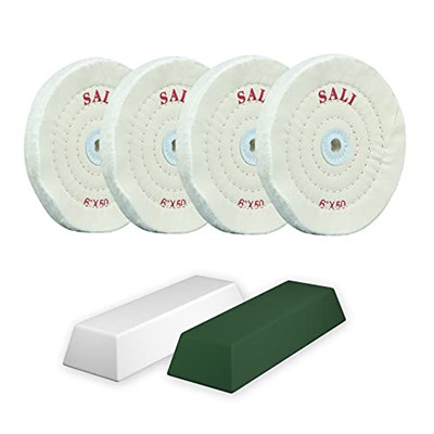 چرخ پولیش SALI 4 Pack برای آسیاب نیمکتی چرخ بافینگ 6 اینچی پنبه ای سفید (50 لایه) برای پولیش بافر پد پولیش متوسط ​​1/2 اینچی سوراخ آربور با کیت ترکیبی پولیش